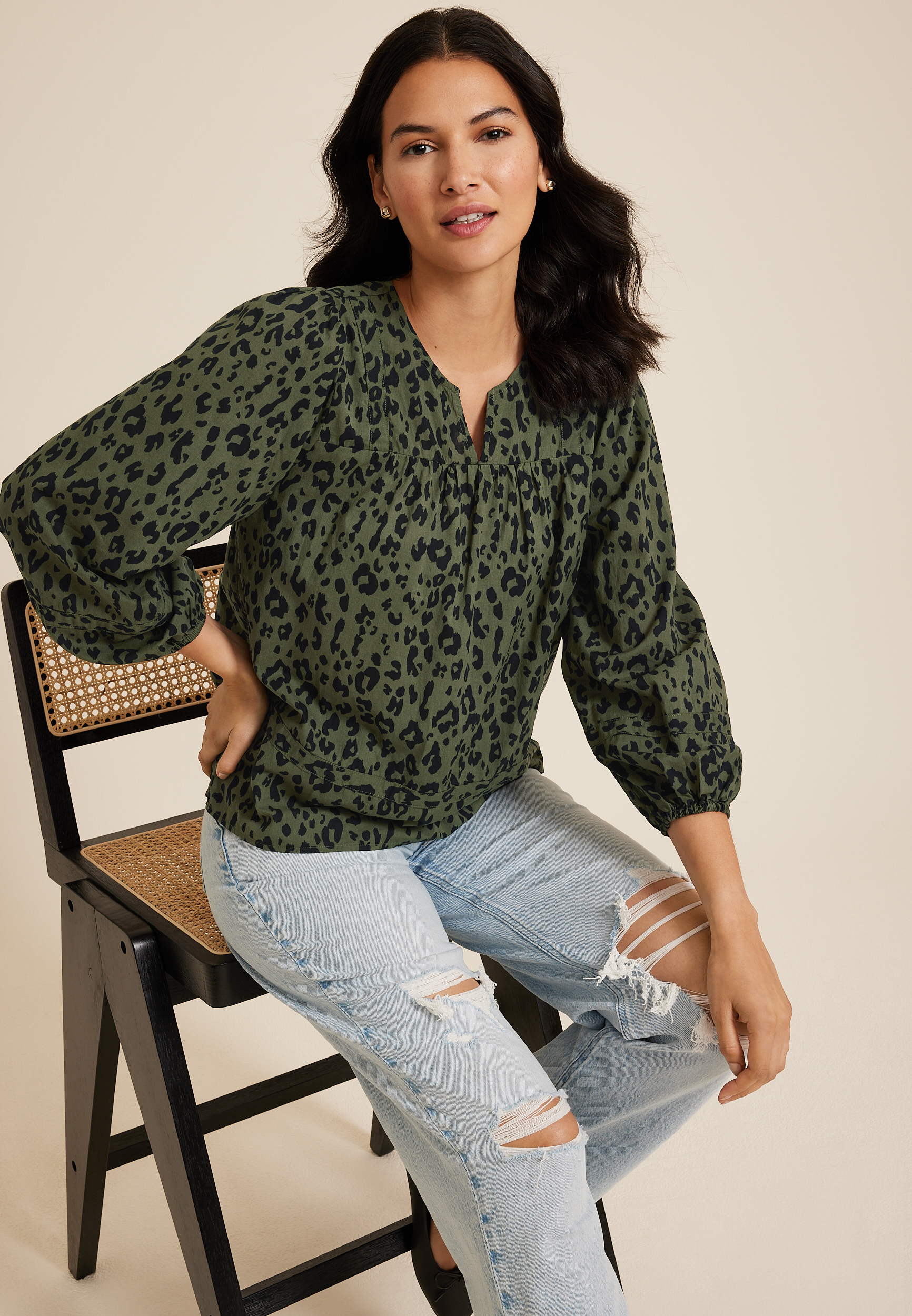 Olive Animal Peasant Blouse, C1829, large