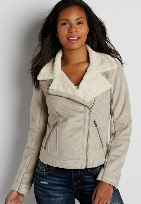 faux suede moto jacket with faux shearling lining | maurices