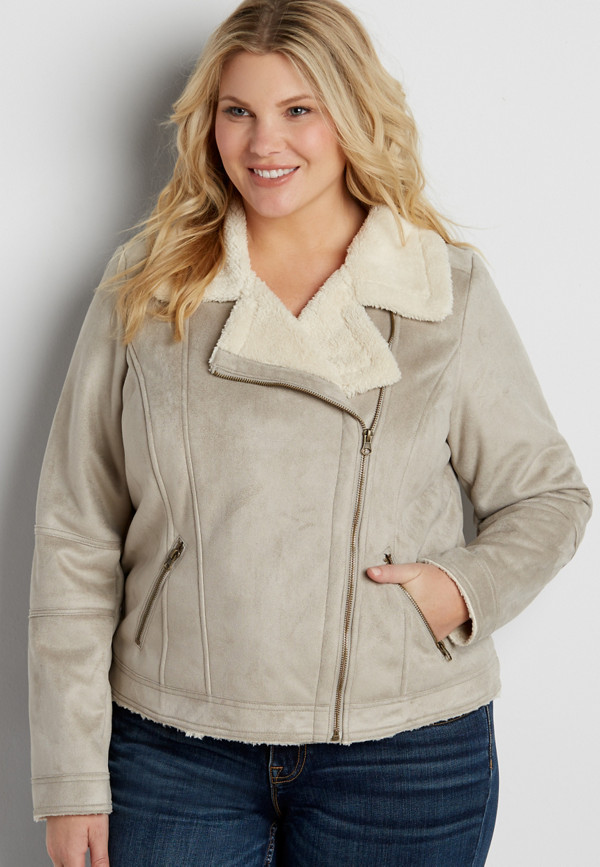 plus size faux suede moto jacket with faux shearling lining | maurices