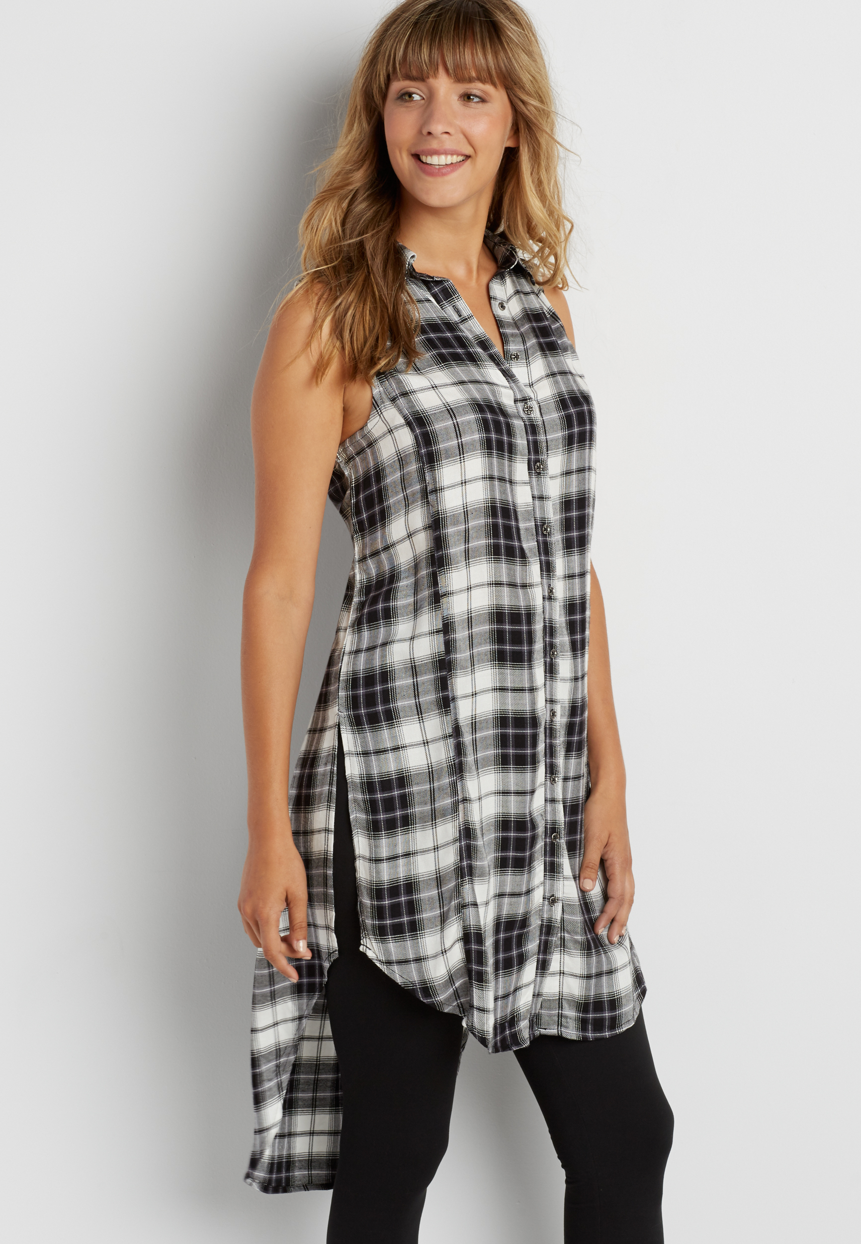 sleeveless button down tunic top in black and white plaid | maurices