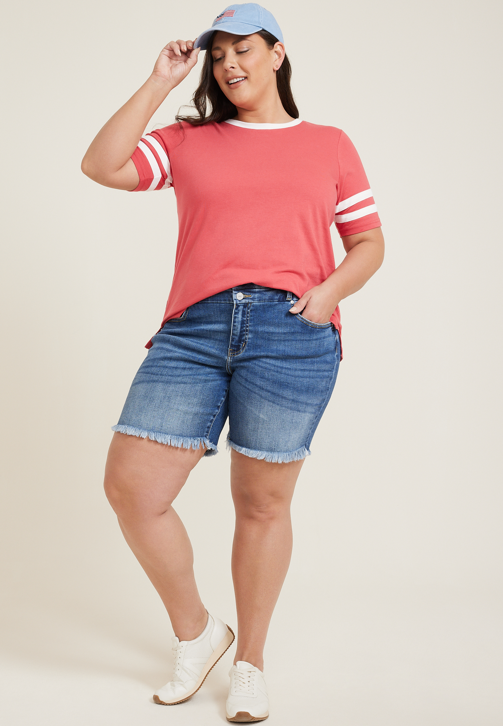 Plus Size Americana Varsity Striped Crew Neck Tee, C2842, large