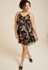 Plus Size Bare Floral Surplice Mini Dress, BLACK COMBO, small