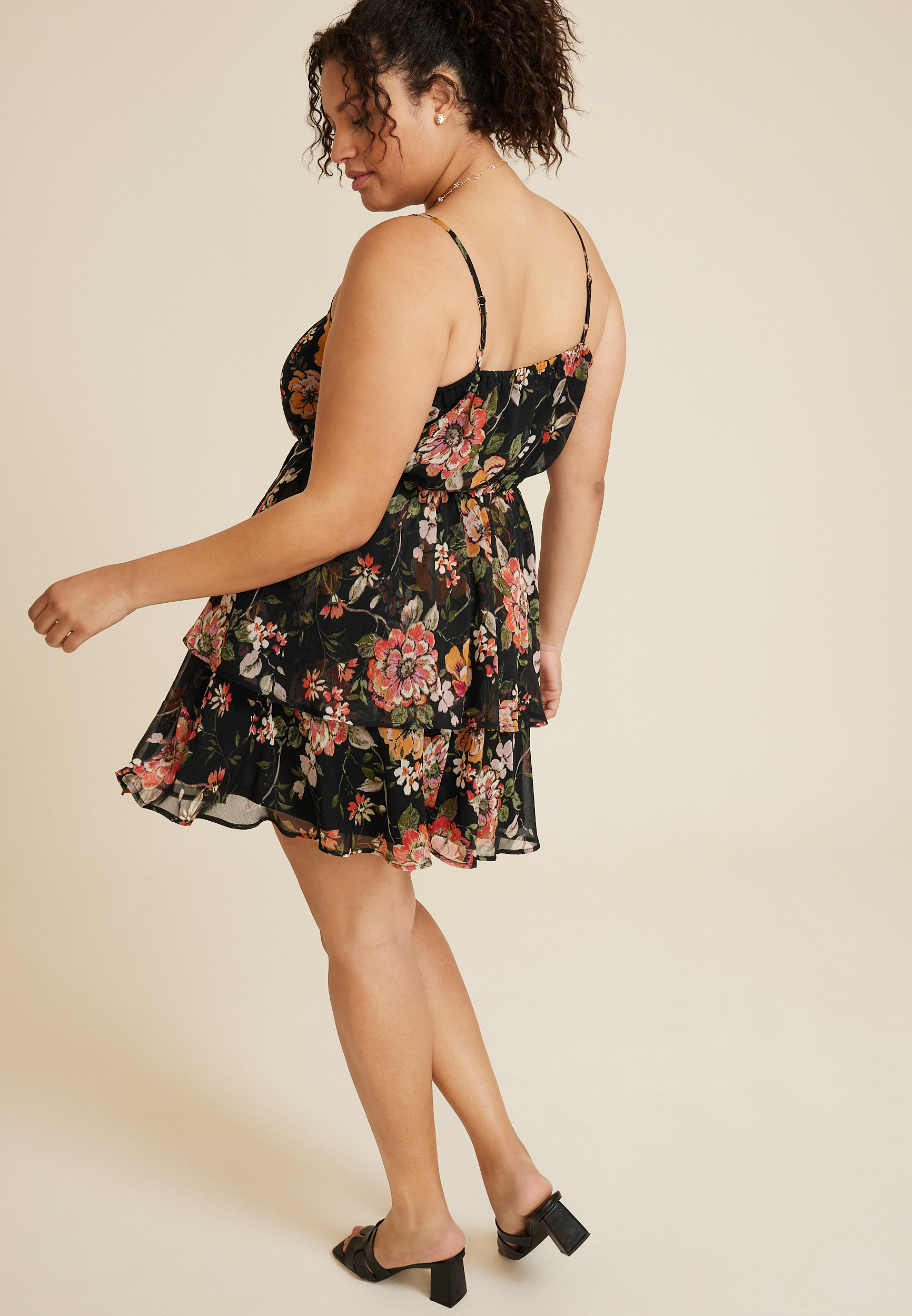 Plus Size Bare Floral Surplice Mini Dress, BLACK COMBO, large