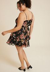 Plus Size Bare Floral Surplice Mini Dress, BLACK COMBO, small