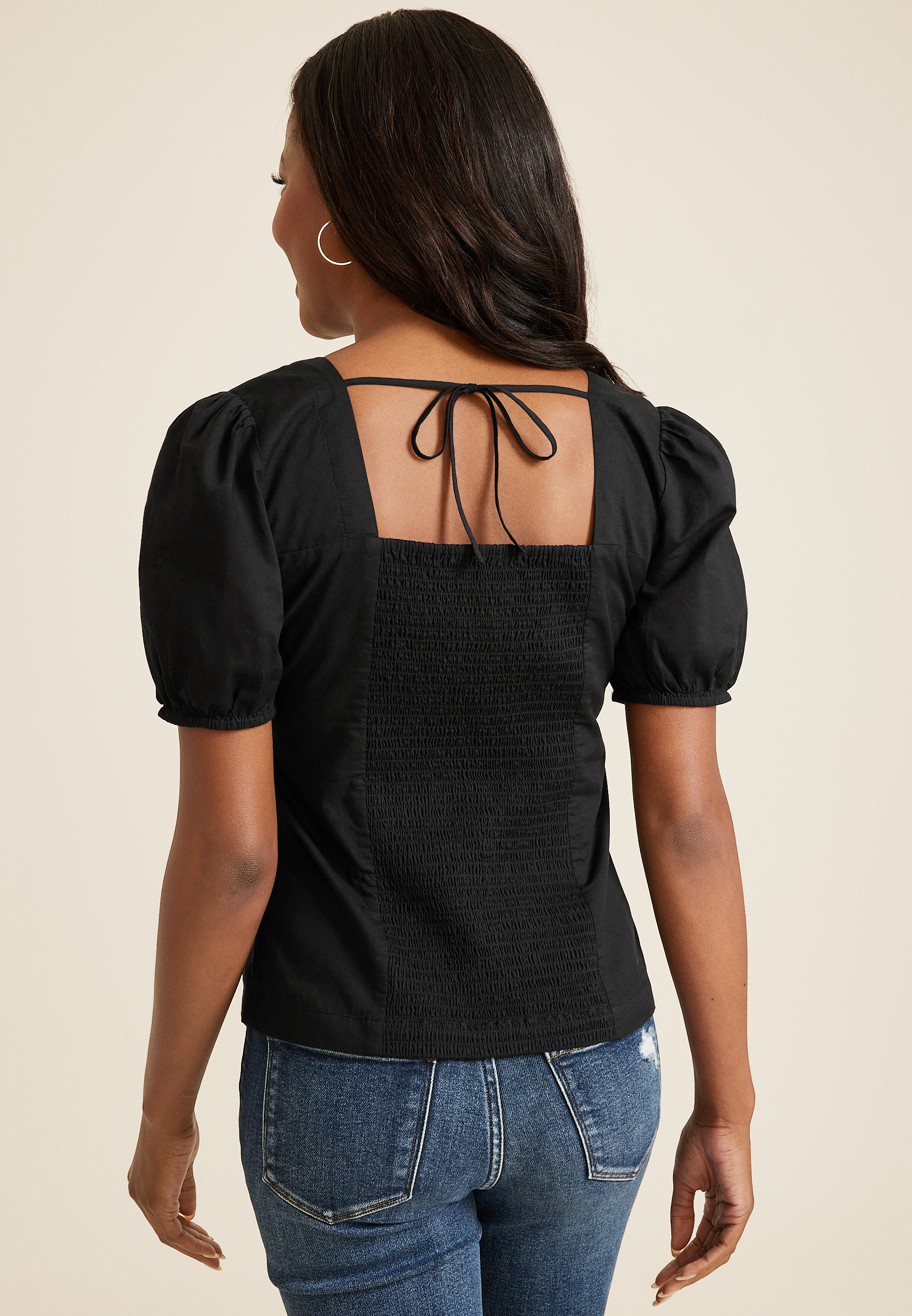 Black Puff Sleeve Corset Blouse, BLACK, large