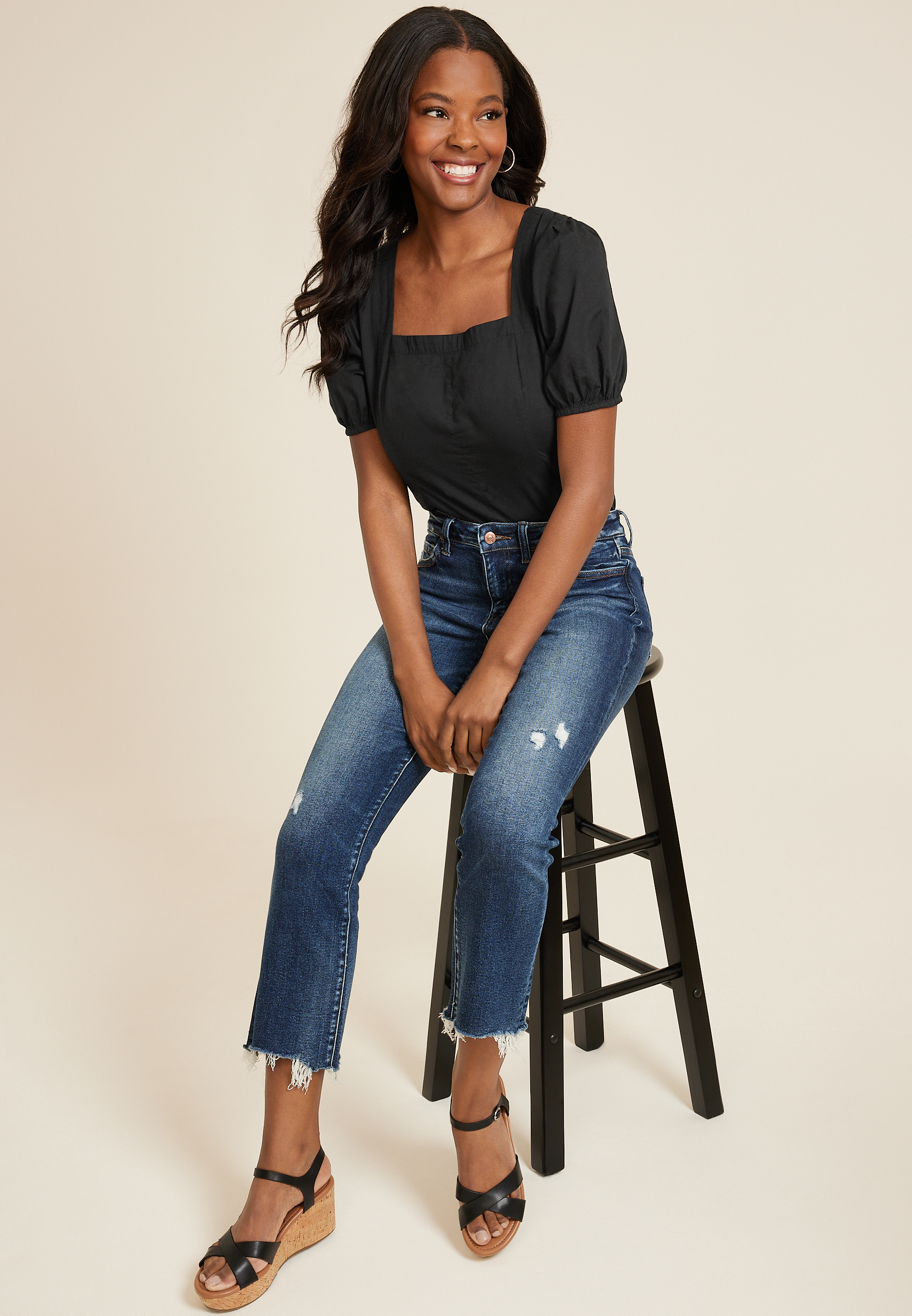 Black Puff Sleeve Corset Blouse, BLACK, large