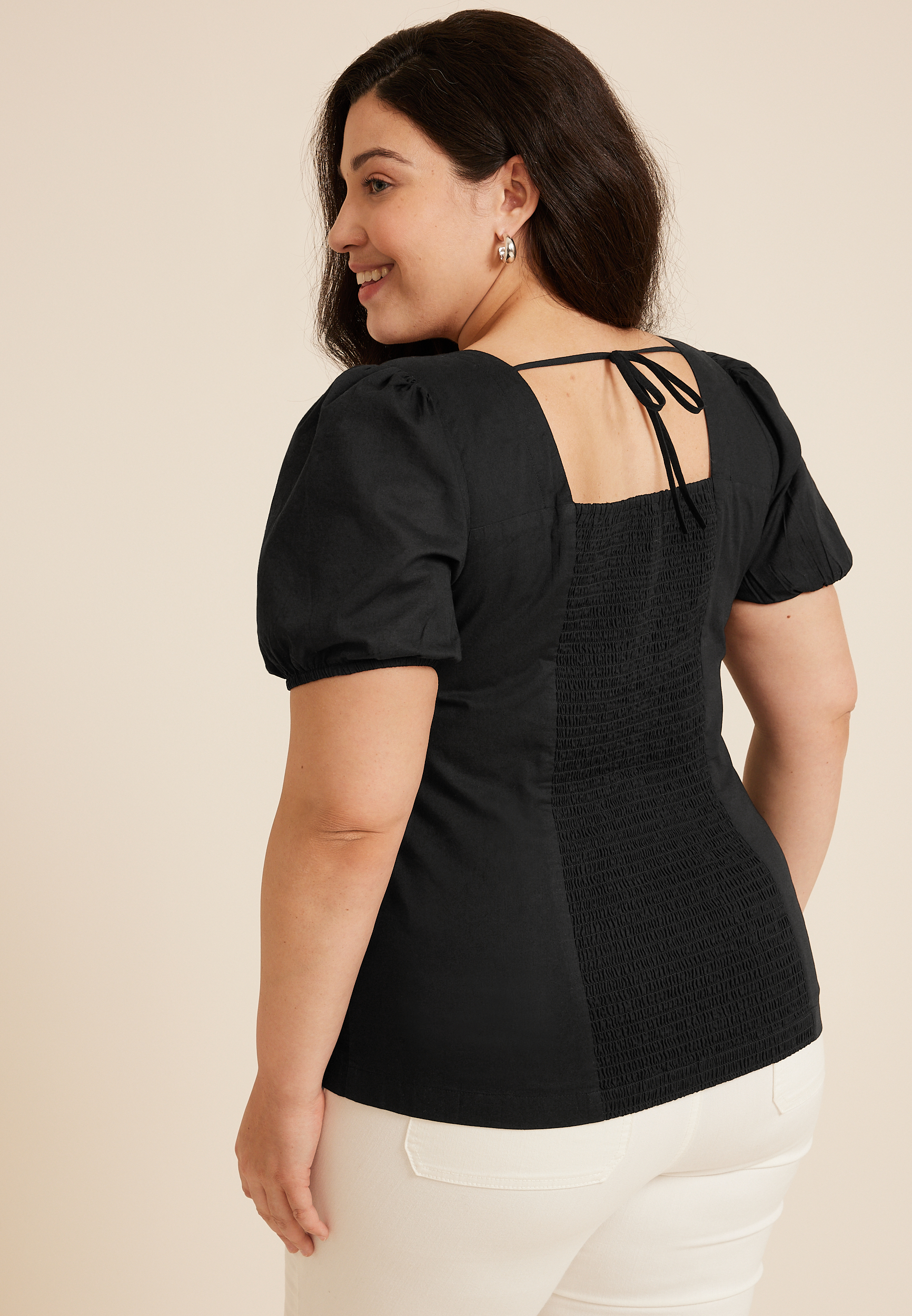 Plus Size Black Puff Sleeve Corset Blouse, C106, large