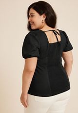 Plus Size Black Puff Sleeve Corset Blouse, C106, small