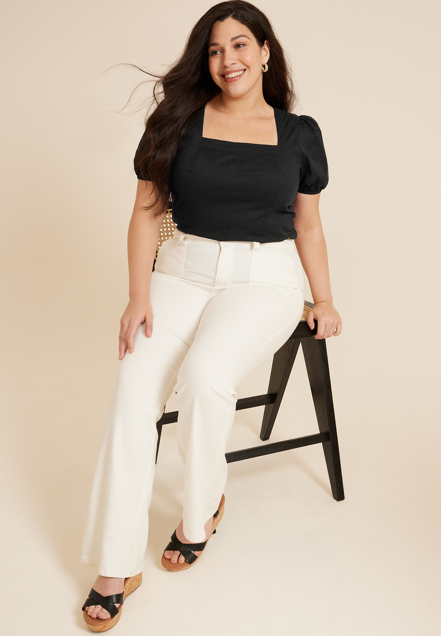 Plus Size Black Puff Sleeve Corset Blouse, C106, large