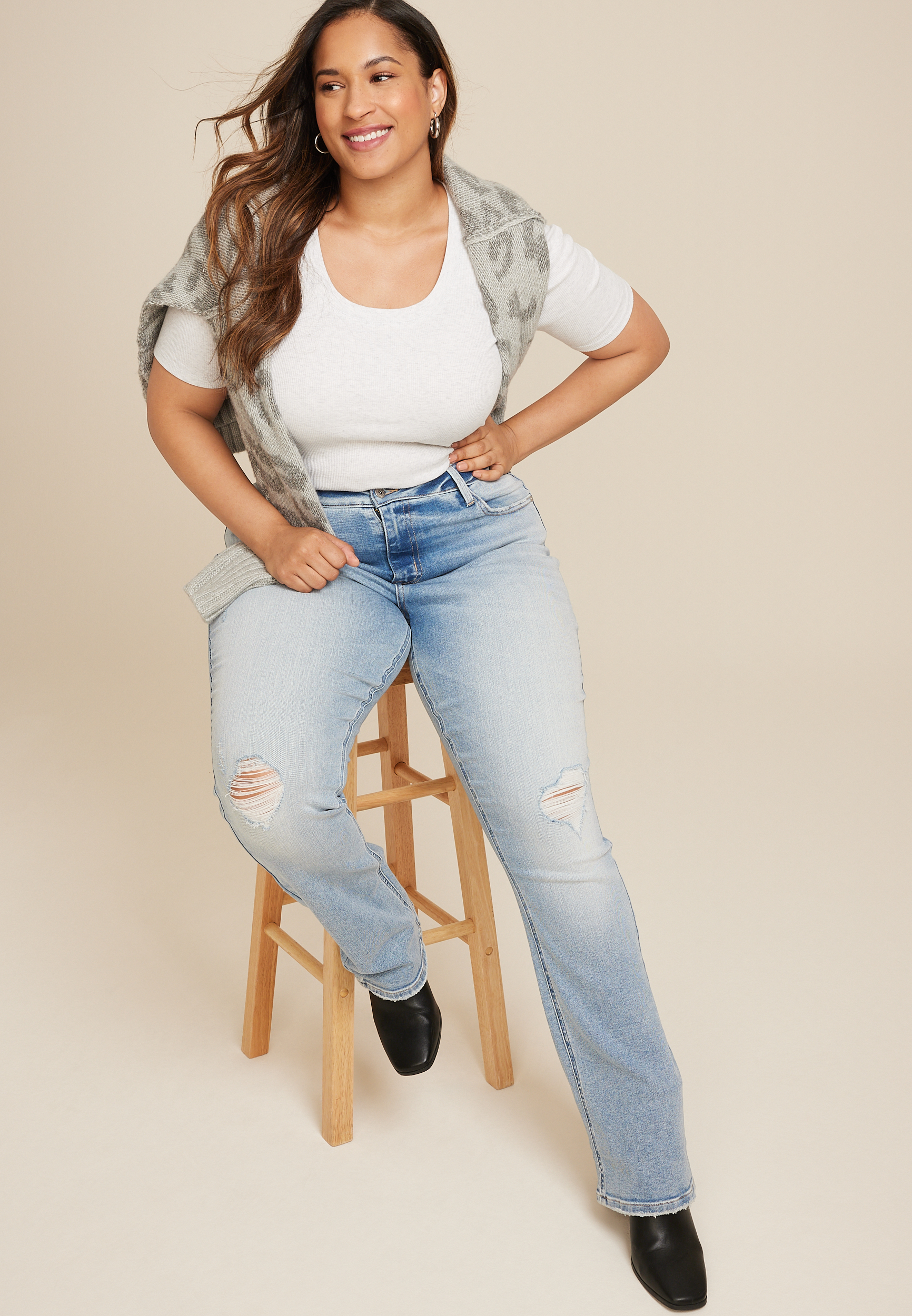 Plus Size edgely&trade; Curvy High Rise Ripped Slim Boot Jean, LIGHT SANDBLAST, large