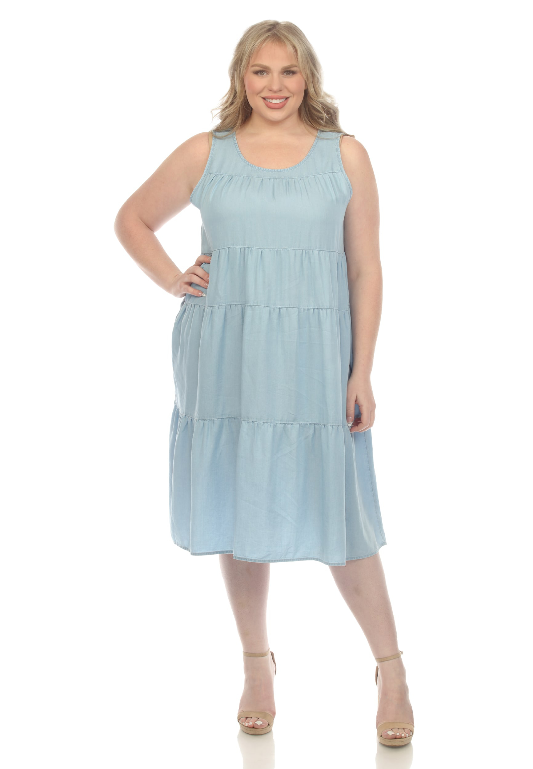 White Mark Plus Size Sleeveless Tiered Chambray Midi Dress | maurices