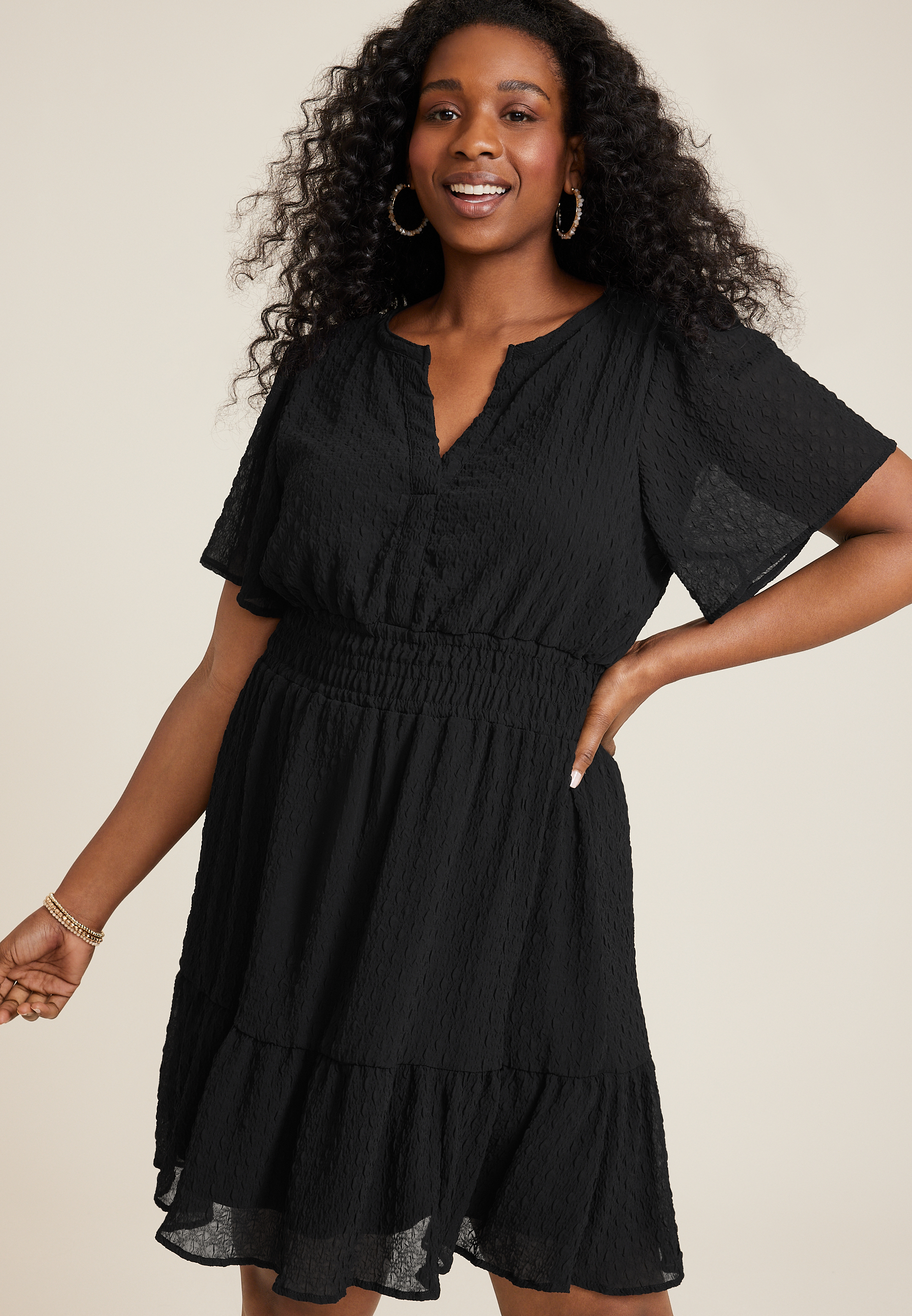 Plus Size Textured Notch Neck Mini Dress