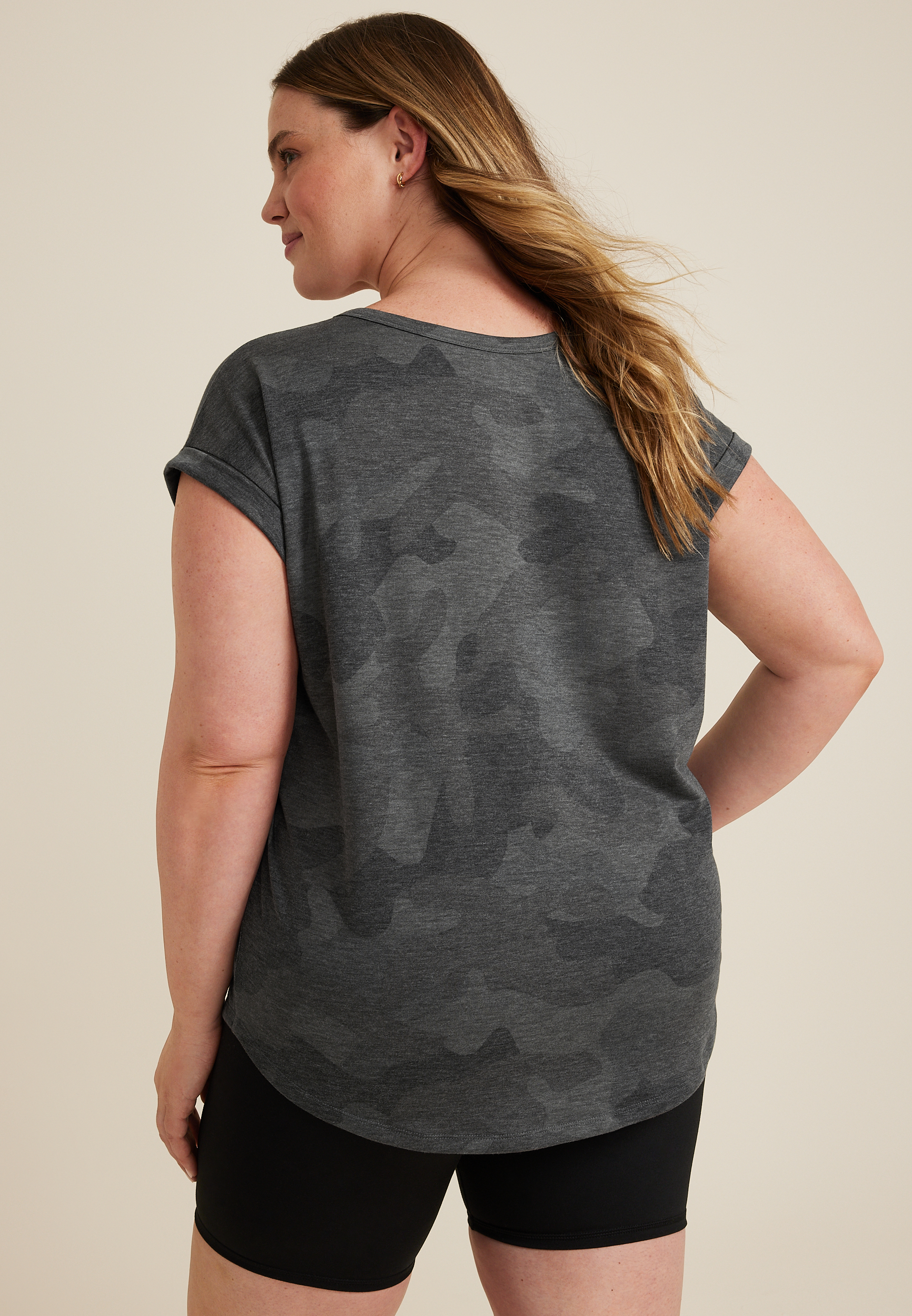 Plus Size 24/7 Clara Camo Short Sleeve Dolman Tee, BLACK COMBO, large