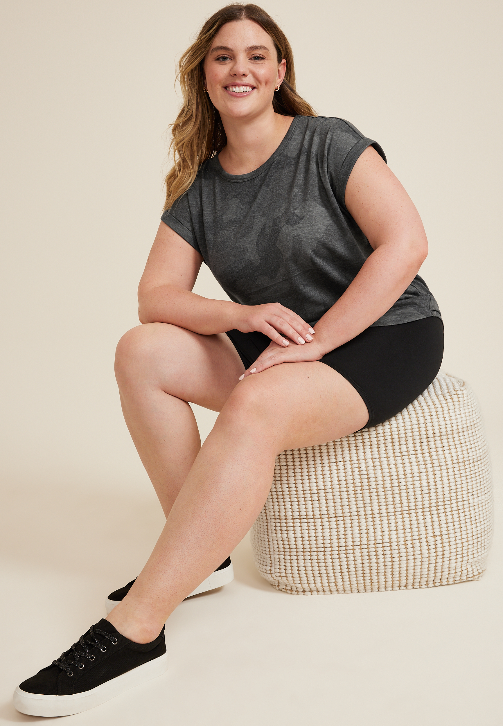 Plus Size 24/7 Clara Camo Short Sleeve Dolman Tee, BLACK COMBO, large