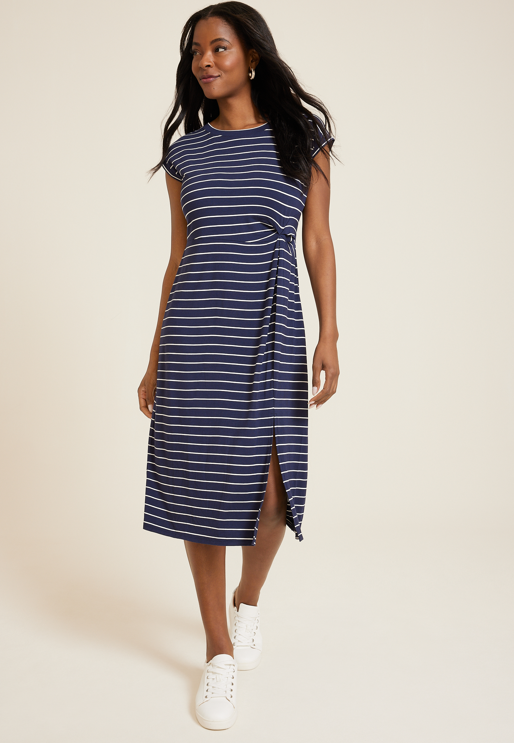 24/7 Striped Knot Front Midi Dress | maurices