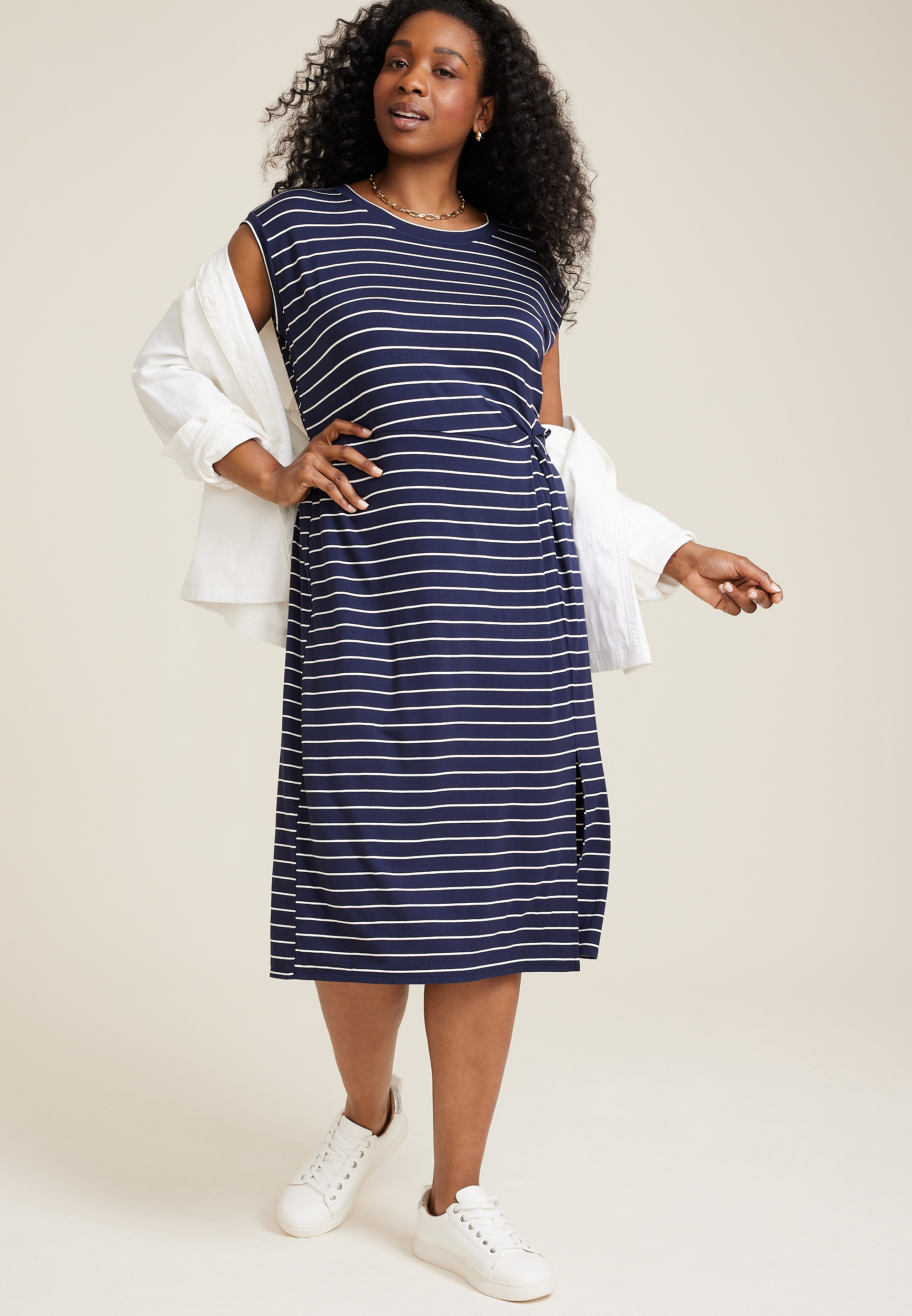 Plus Size 24/7 Striped Knot Front Midi Dress | maurices