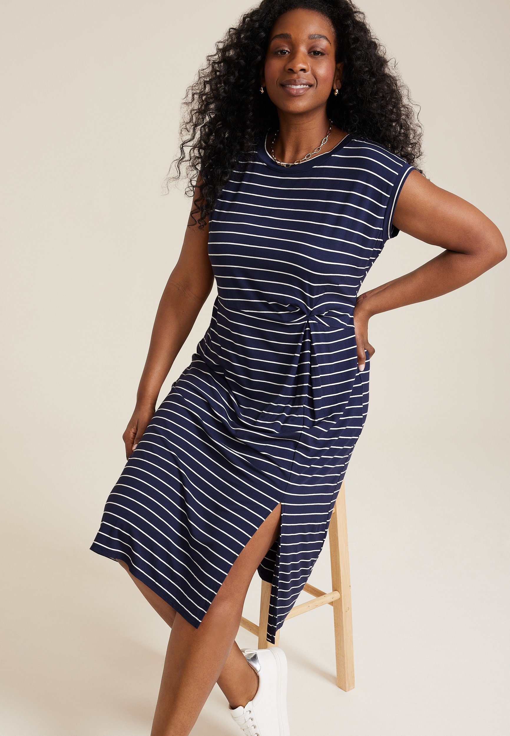Plus Size 24/7 Striped Knot Front Midi Dress, C1769, large