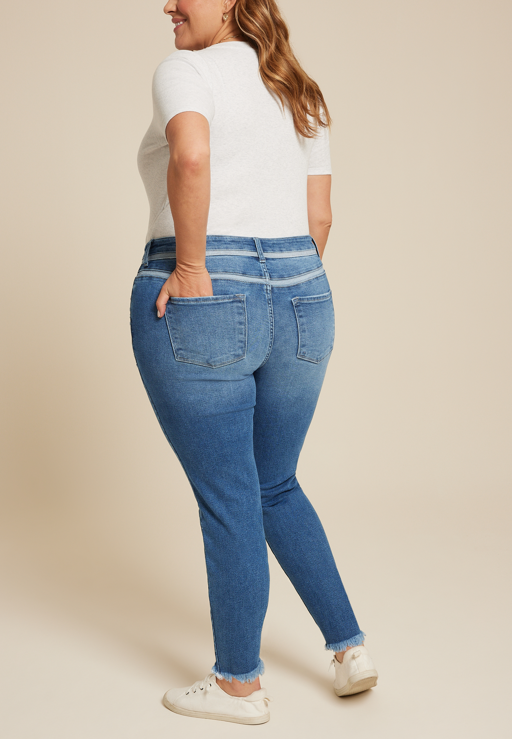 Plus Size KanCan&trade; Mid Rise Frayed Hem Skinny Jean, MEDIUM SANDBLAST, large