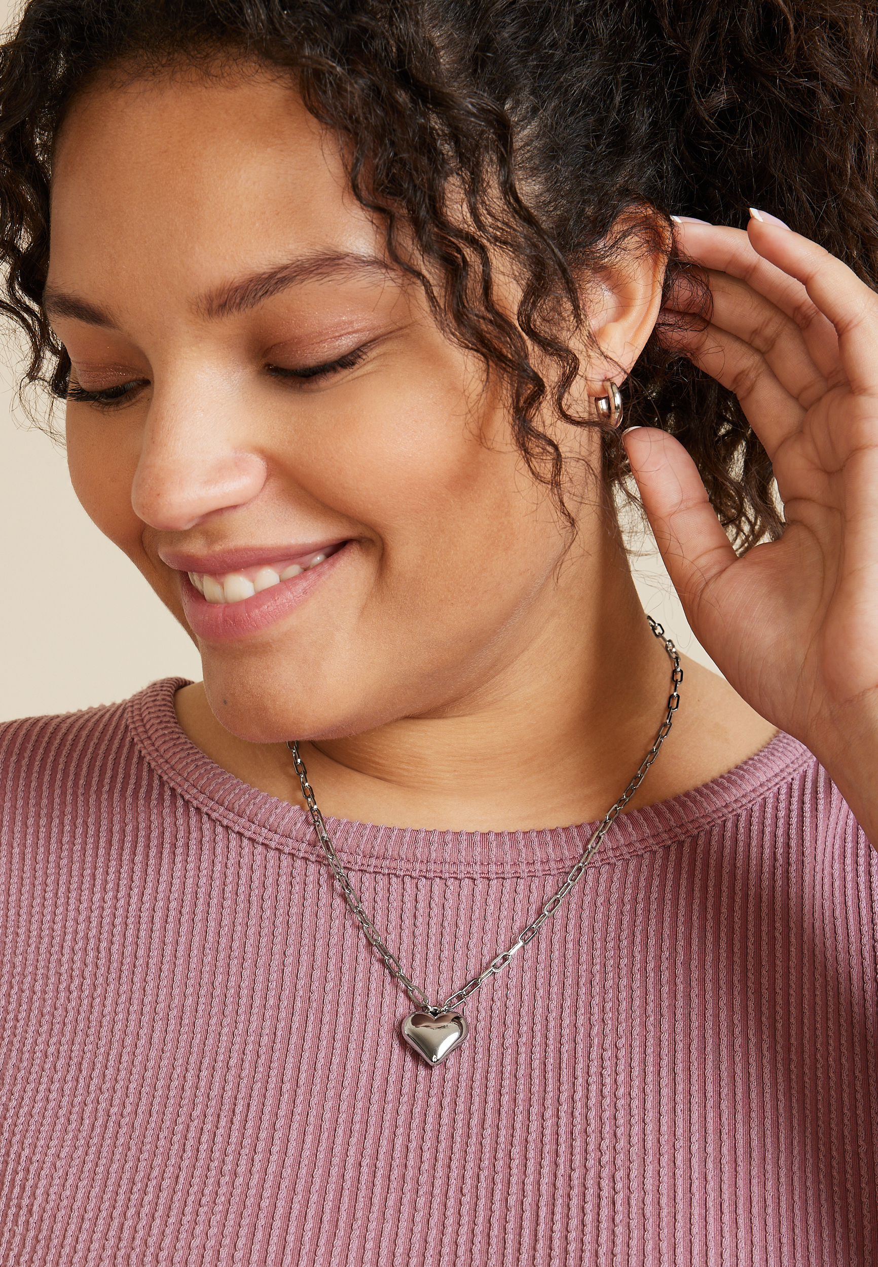 Silver Puffy Heart Pendant Necklace, C431, large