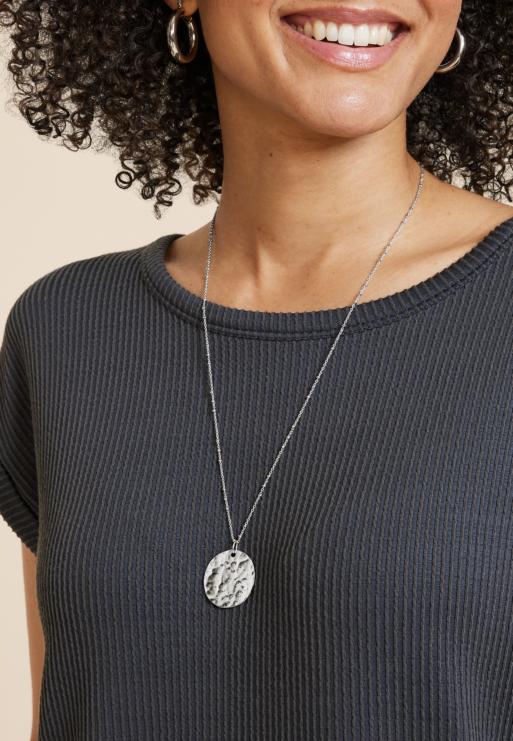 Silver Hammered Pendant Necklace, C431, large