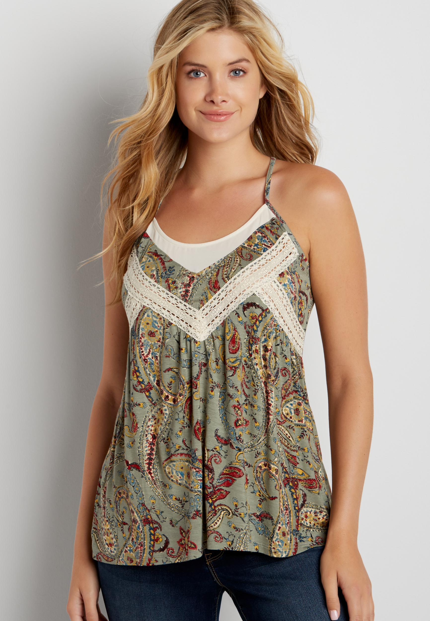 paisley print tank with lace and chiffon | maurices