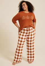 Plus Size Hello Fall Cozy Graphic Tee And Wide Leg Pajama Set, ORANGE COMBO, small