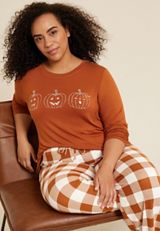 Plus Size Hello Fall Cozy Graphic Tee And Wide Leg Pajama Set, ORANGE COMBO, small