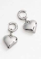 Silver Puffy Heart Drop Earrings, SILVER, small