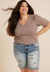Plus Size Swiss Dot Puff Sleeve Blouse, MUSHROOM, small