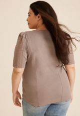 Plus Size Swiss Dot Puff Sleeve Blouse, MUSHROOM, small