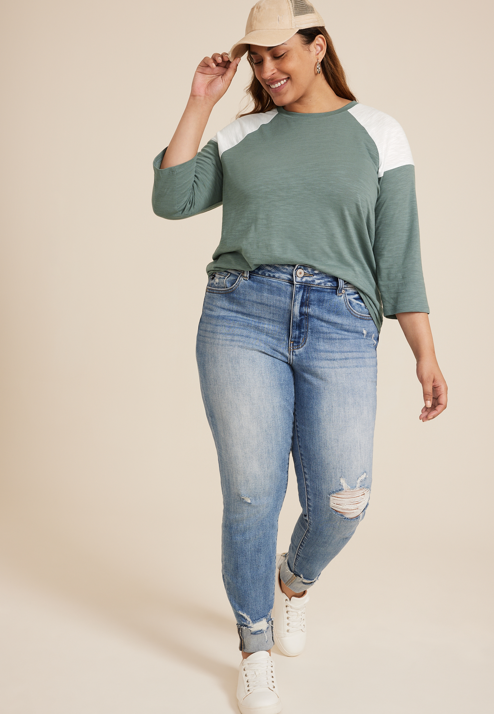 Plus Size 24/7 Cotton Colorblocked Crew Neck Tee, C9517, large