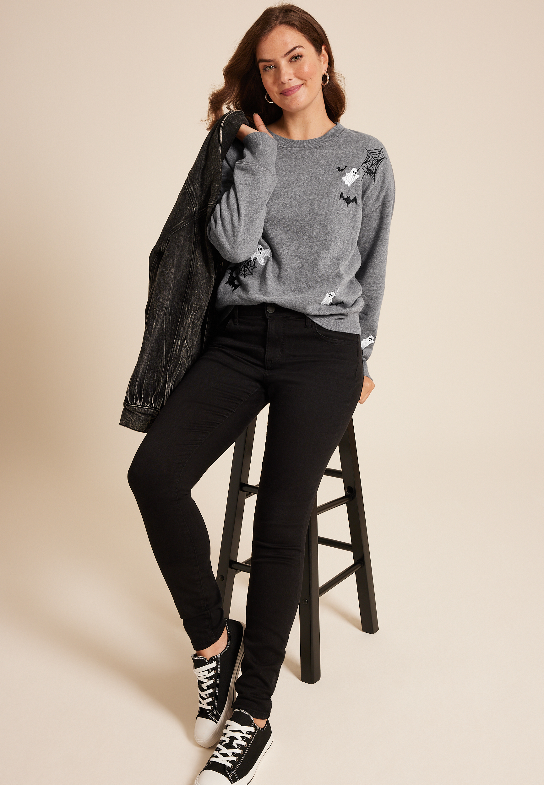 Halloween Embroidered Relaxed Fit Sweatshirt, C125, large