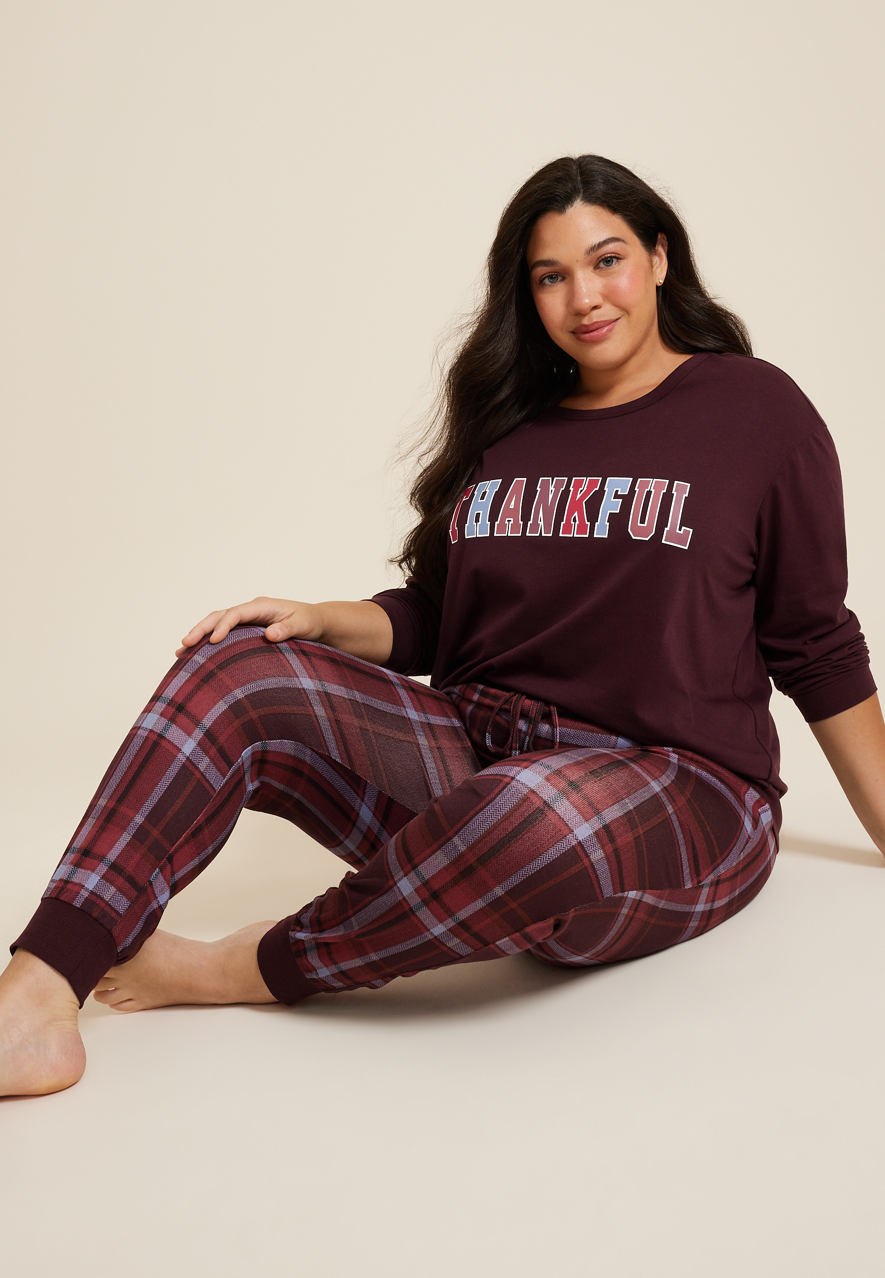 Plus Size Thankful Cozy Graphic Tee And Jogger Pajama Set, C9736, large