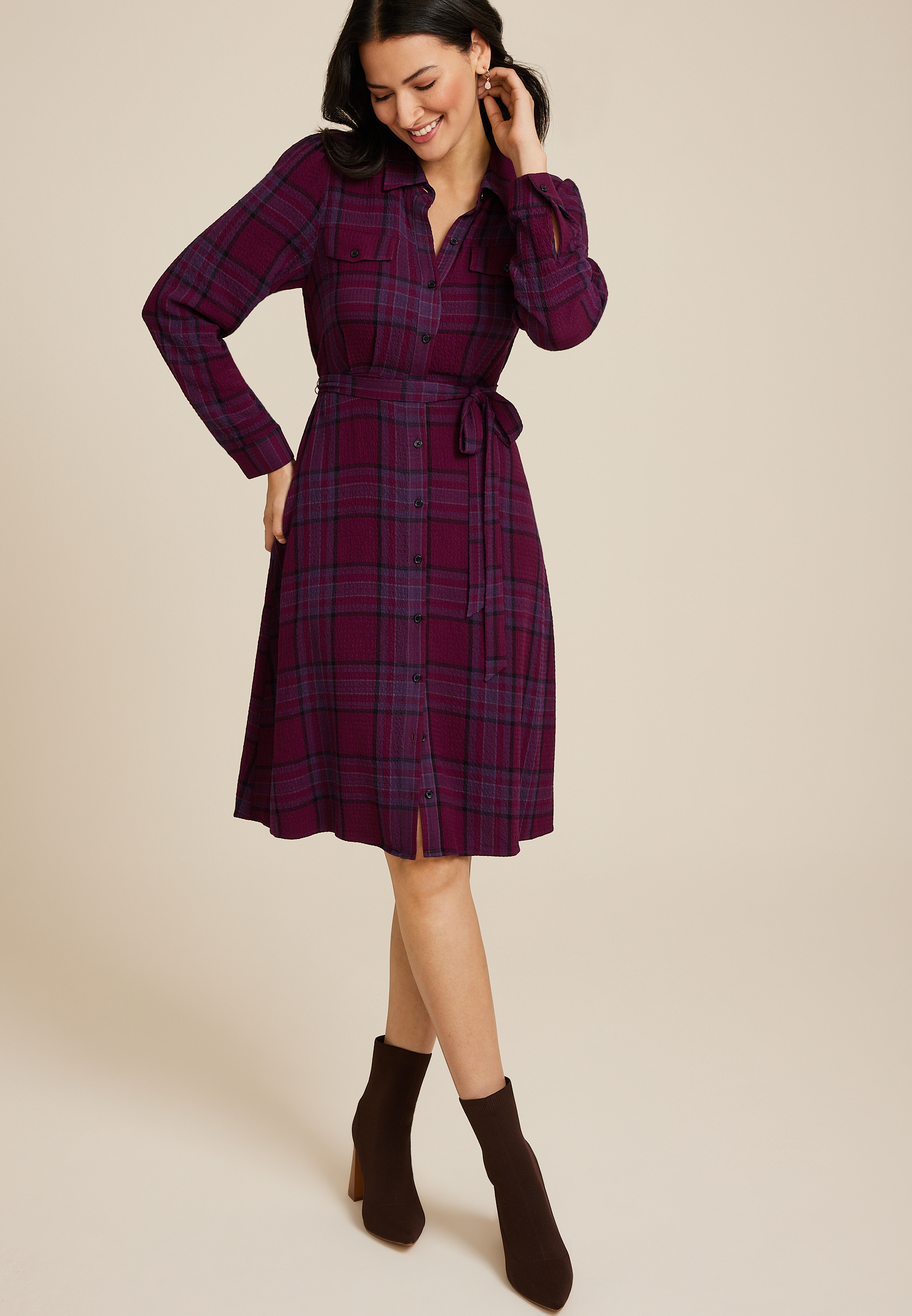 Plaid Long Sleeve Shirt Dress