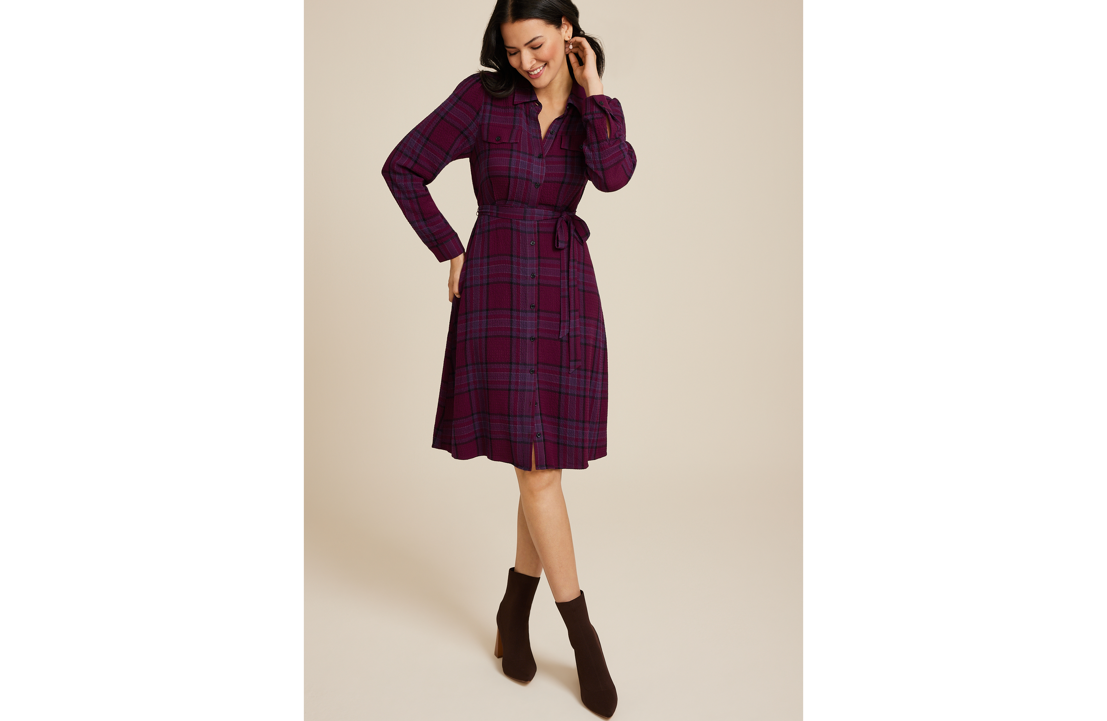 Plaid Long Sleeve Shirt Dress