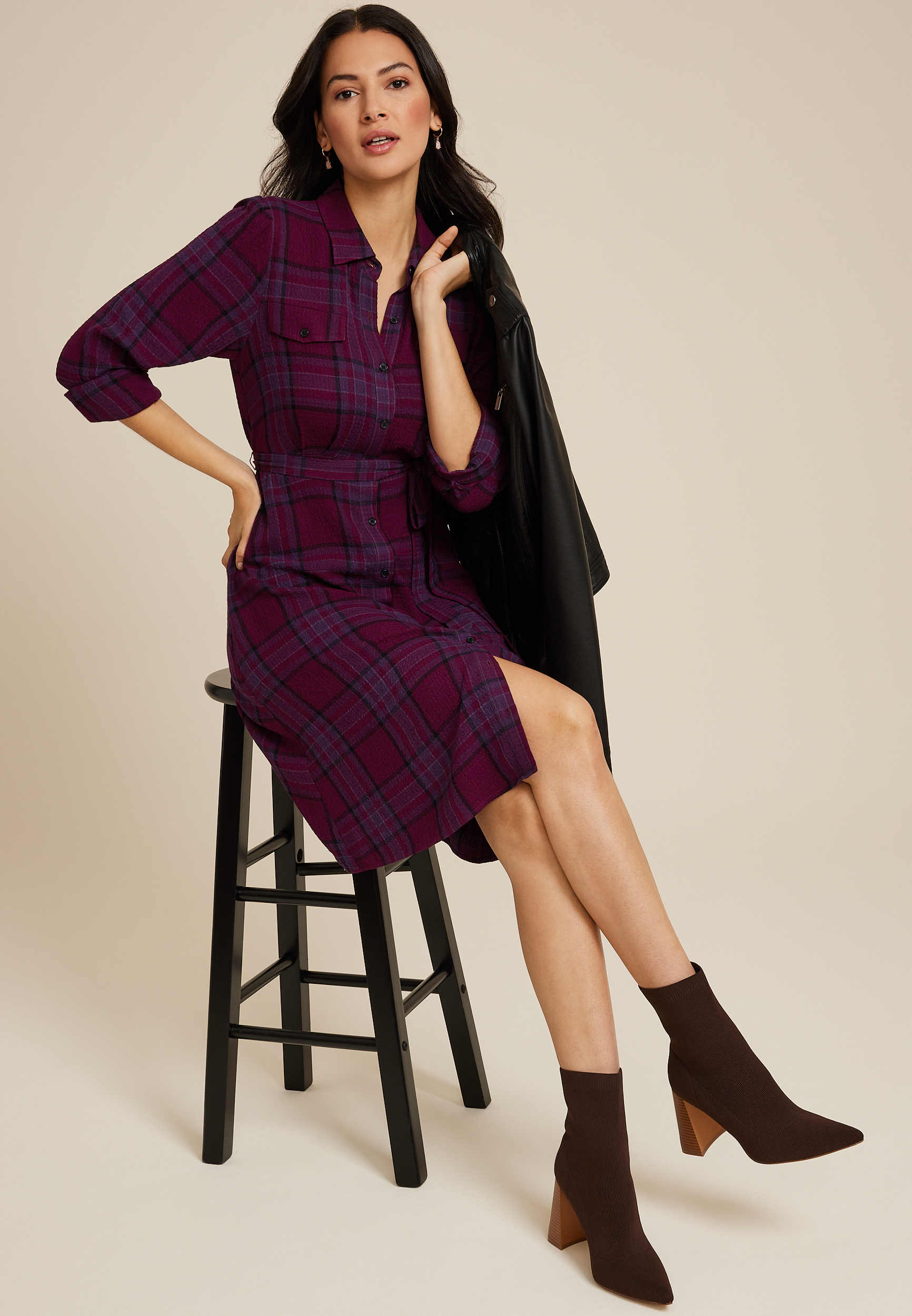 Plaid Long Sleeve Shirt Dress, C9736, large