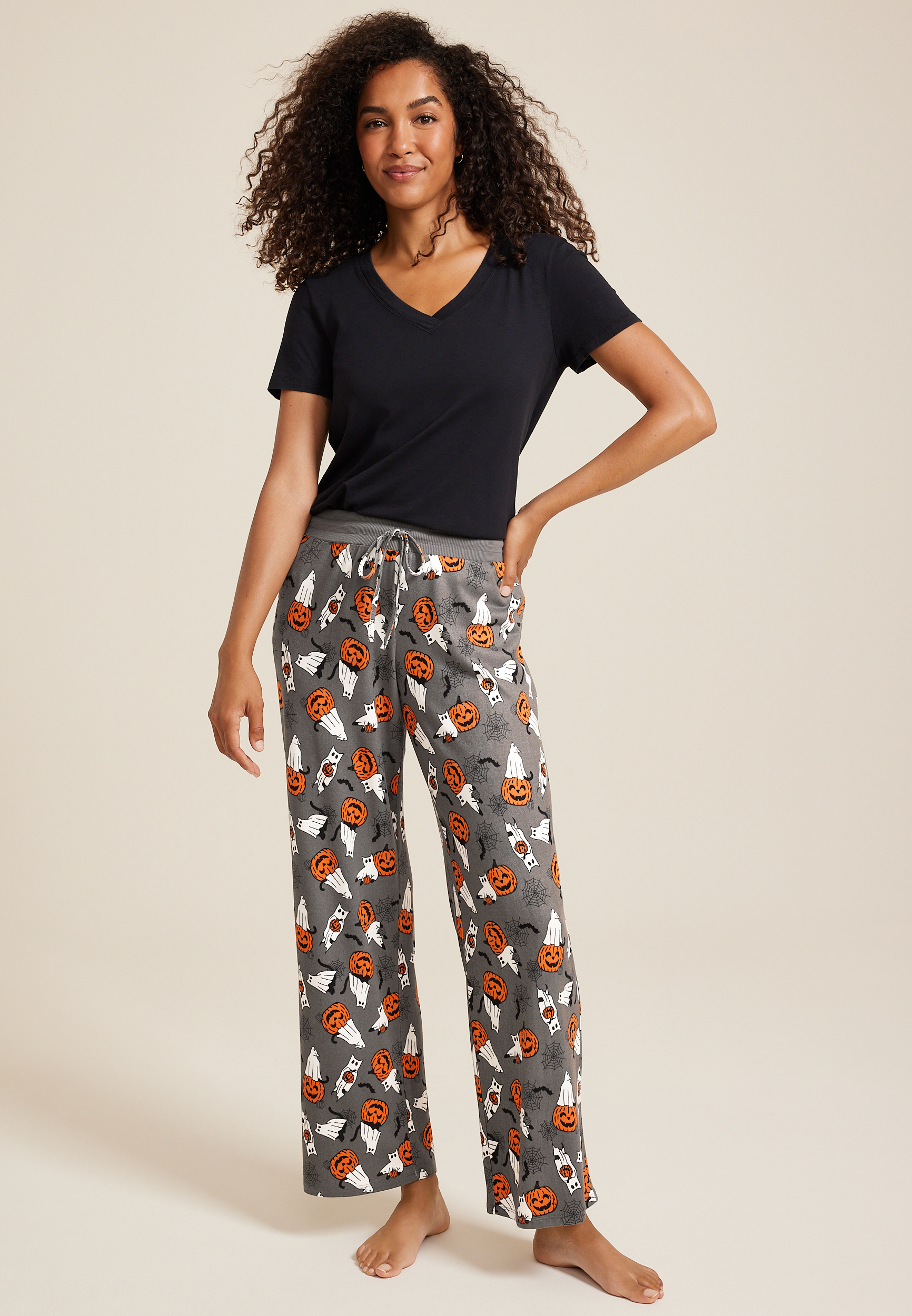 Cat Ghost And Jack O Lanterns Wide Leg Pajama Pant