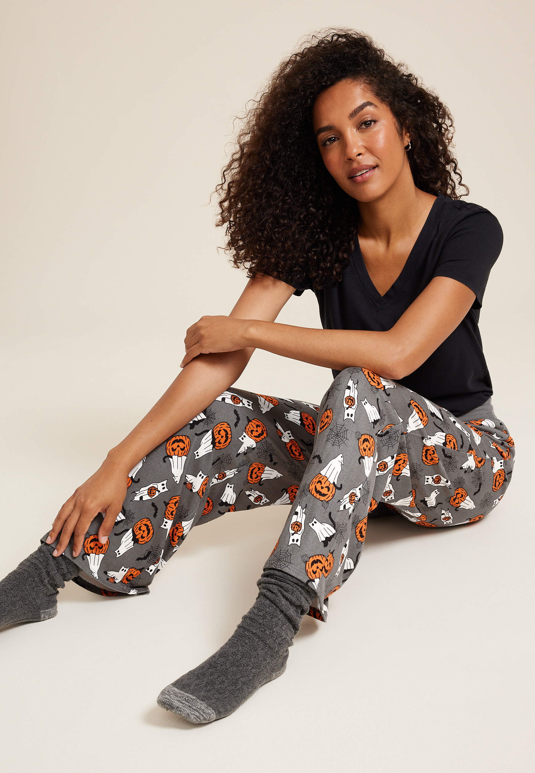 Cat Ghost And Jack O Lanterns Wide Leg Pajama Pant, GRAY COMBO, large