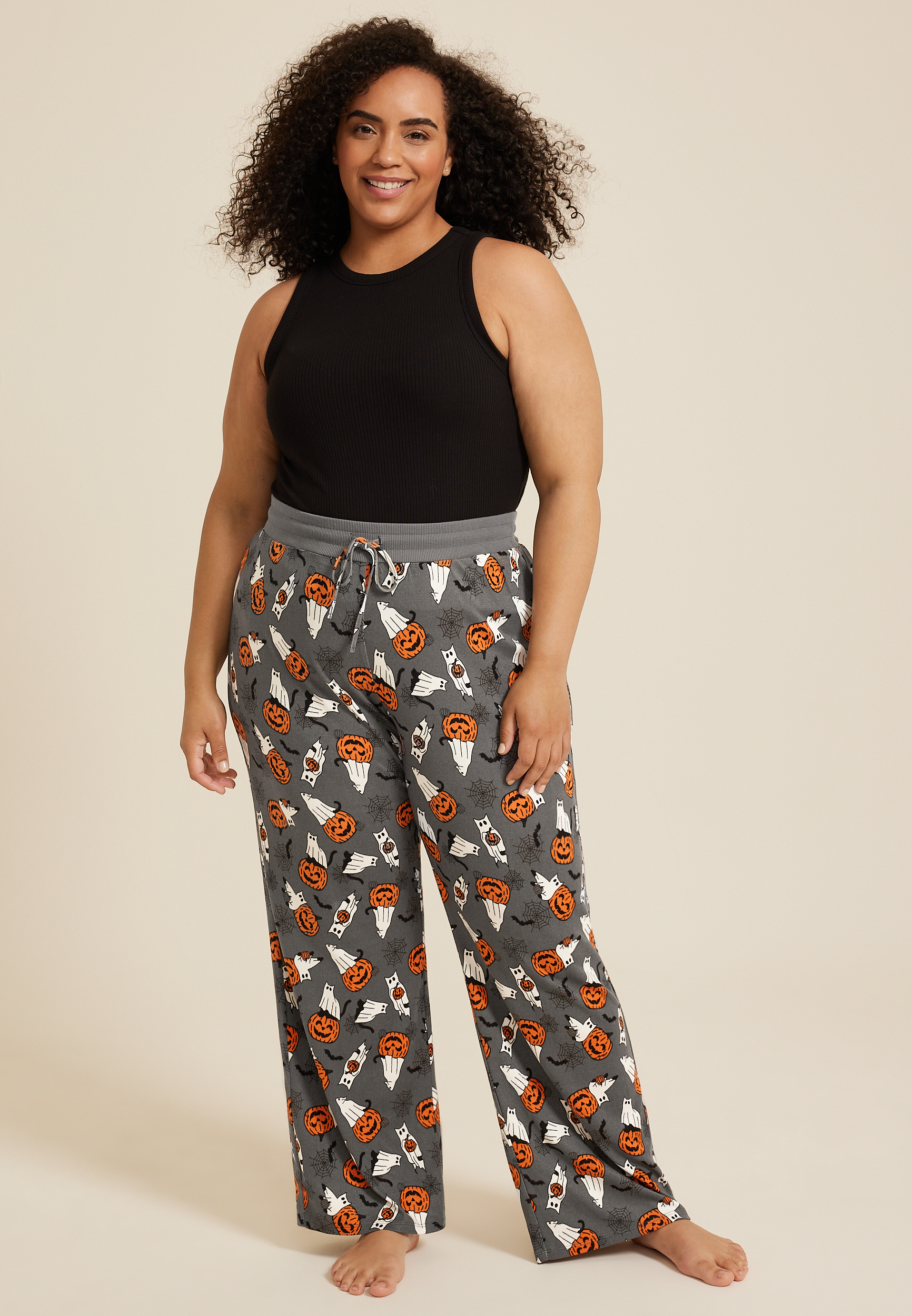 Plus Size Cat Ghost And Jack O Lanterns Wide Leg Pajama Pant