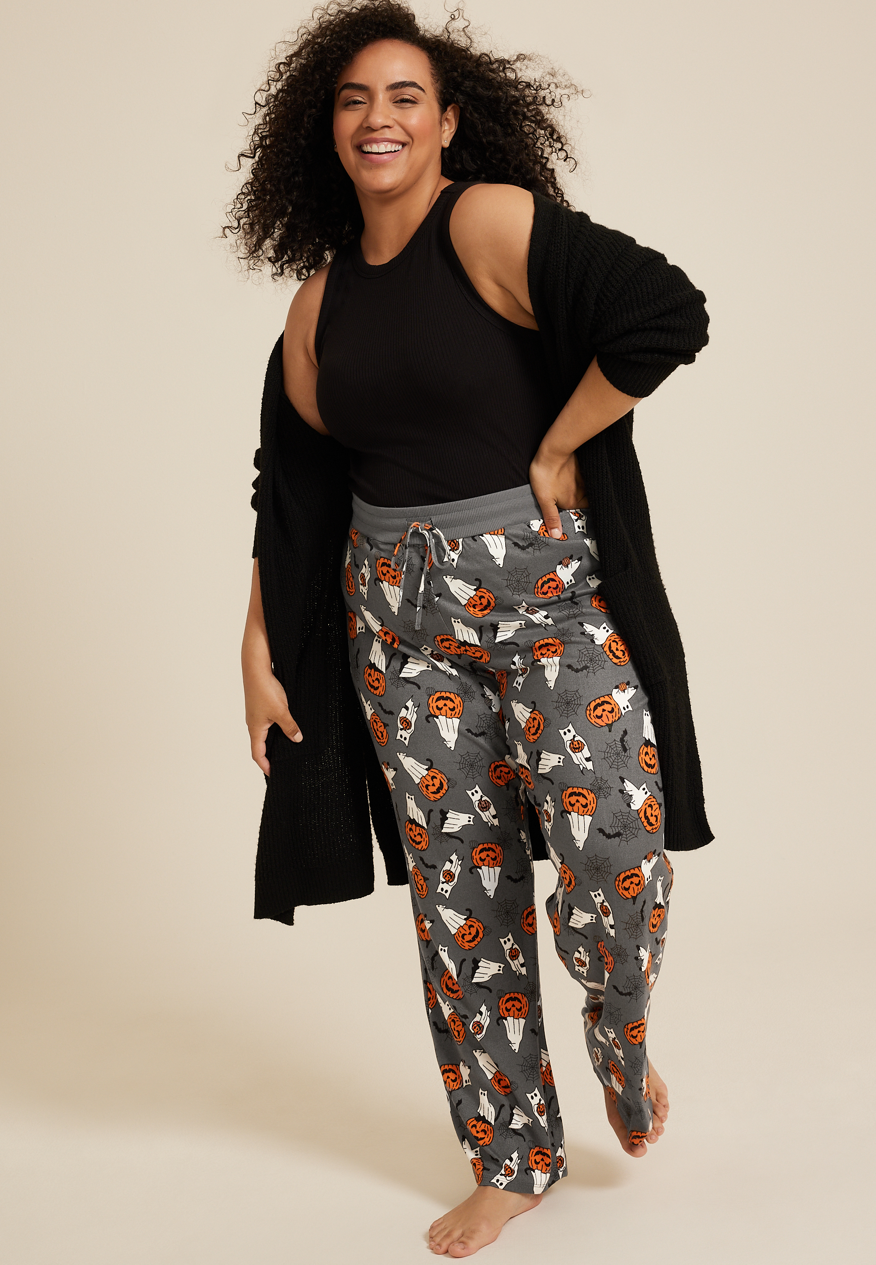 Plus Size Cat Ghost And Jack O Lanterns Wide Leg Pajama Pant, C1755, large