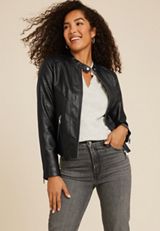 Faux Leather Biker Jacket, BLACK, small