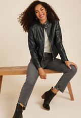 Faux Leather Biker Jacket, BLACK, small
