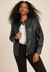 Plus Size Black Faux Leather Biker Jacket, C106, small