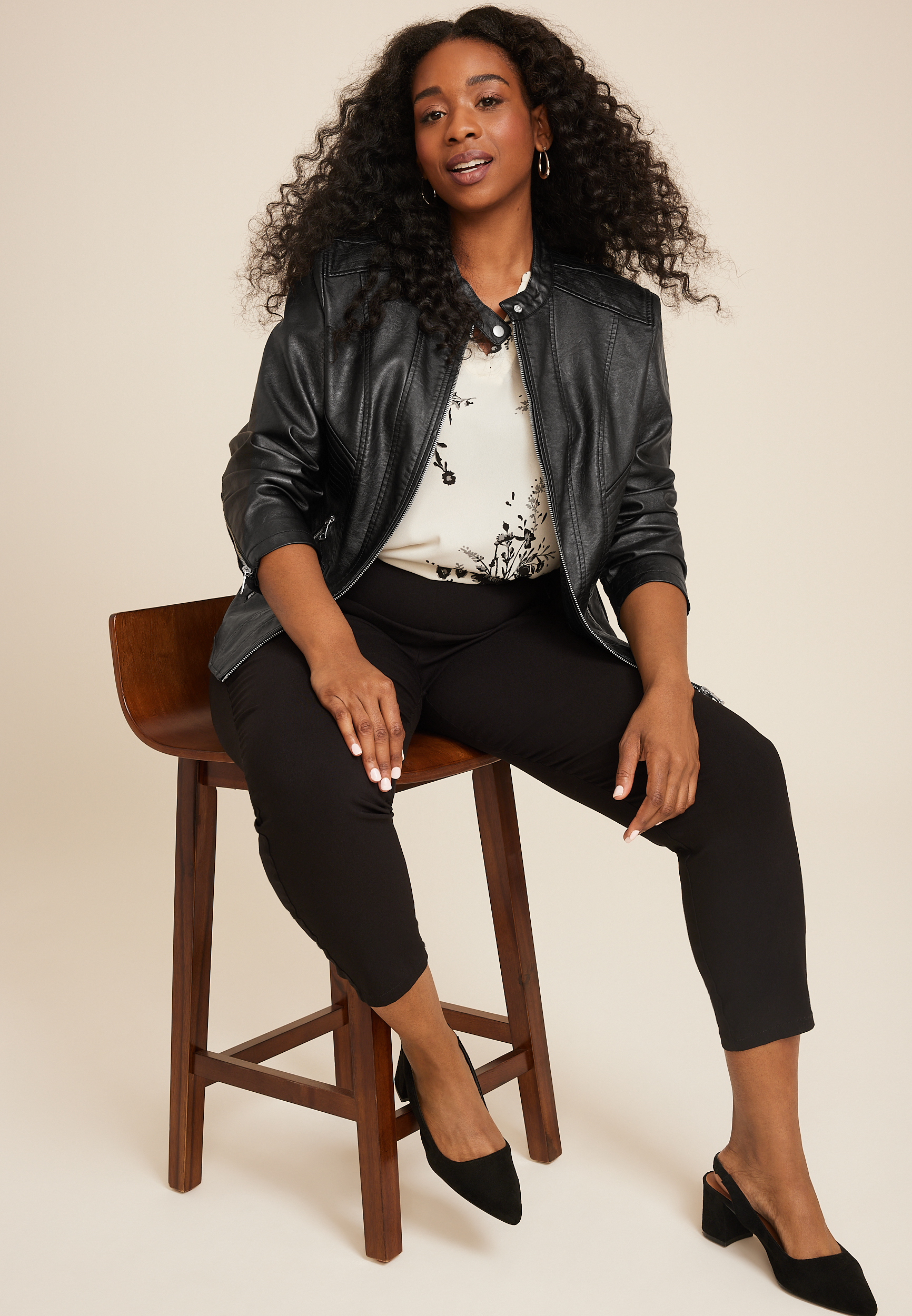 Plus Size Black Faux Leather Biker Jacket, C106, large