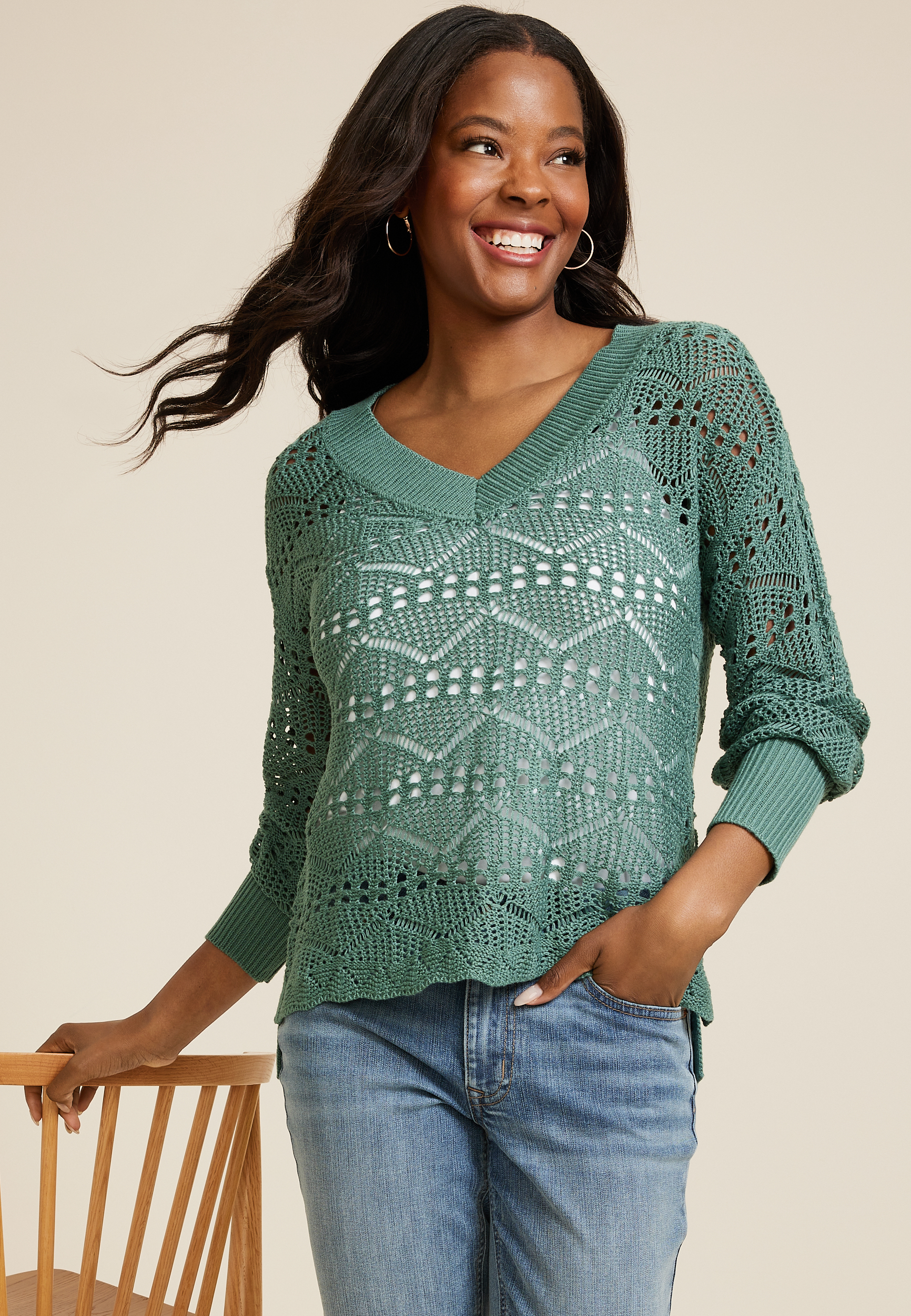 Open Stitch V Neck Sweater