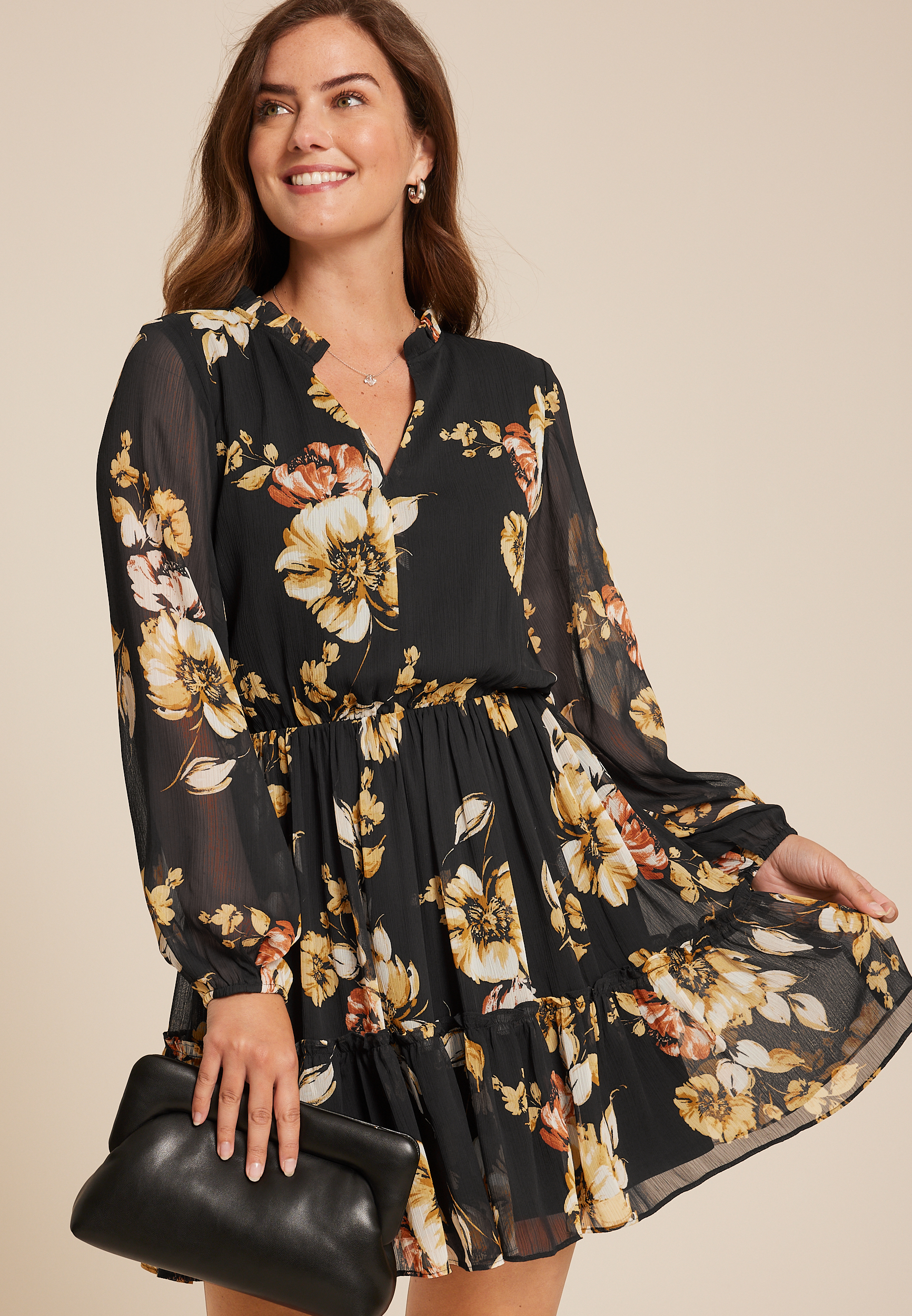 Floral Long Sleeve Mini Dress, C6630, large