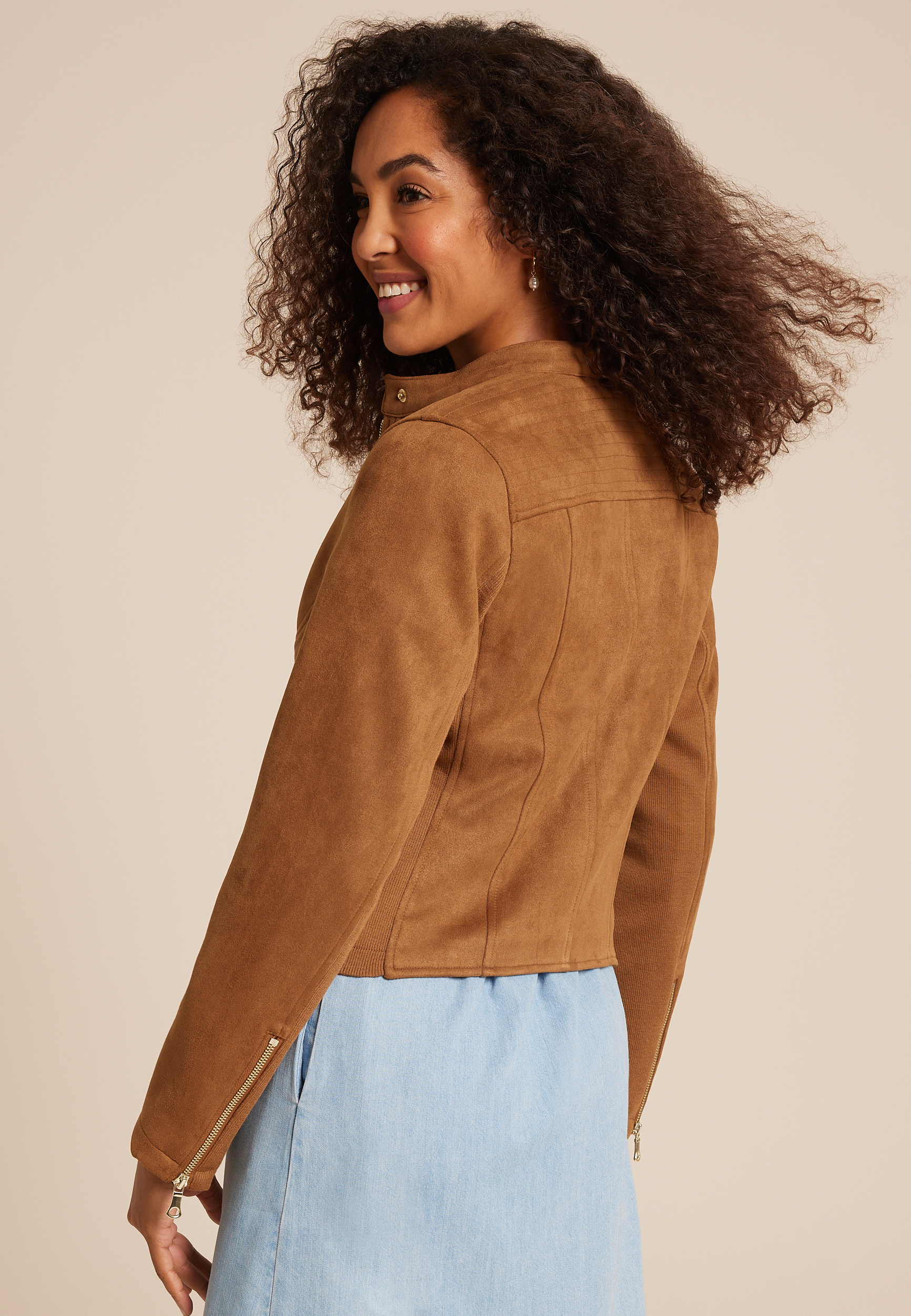 Brown Faux Suede Biker Jacket, C115, large
