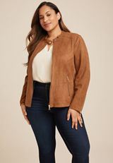 Plus Size Brown Faux Suede Biker Jacket, C115, small
