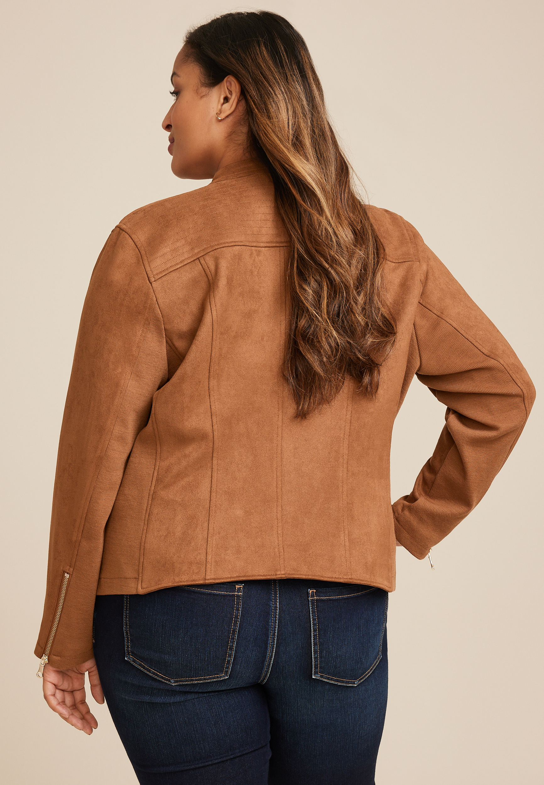 Plus Size Brown Faux Suede Biker Jacket, C115, large