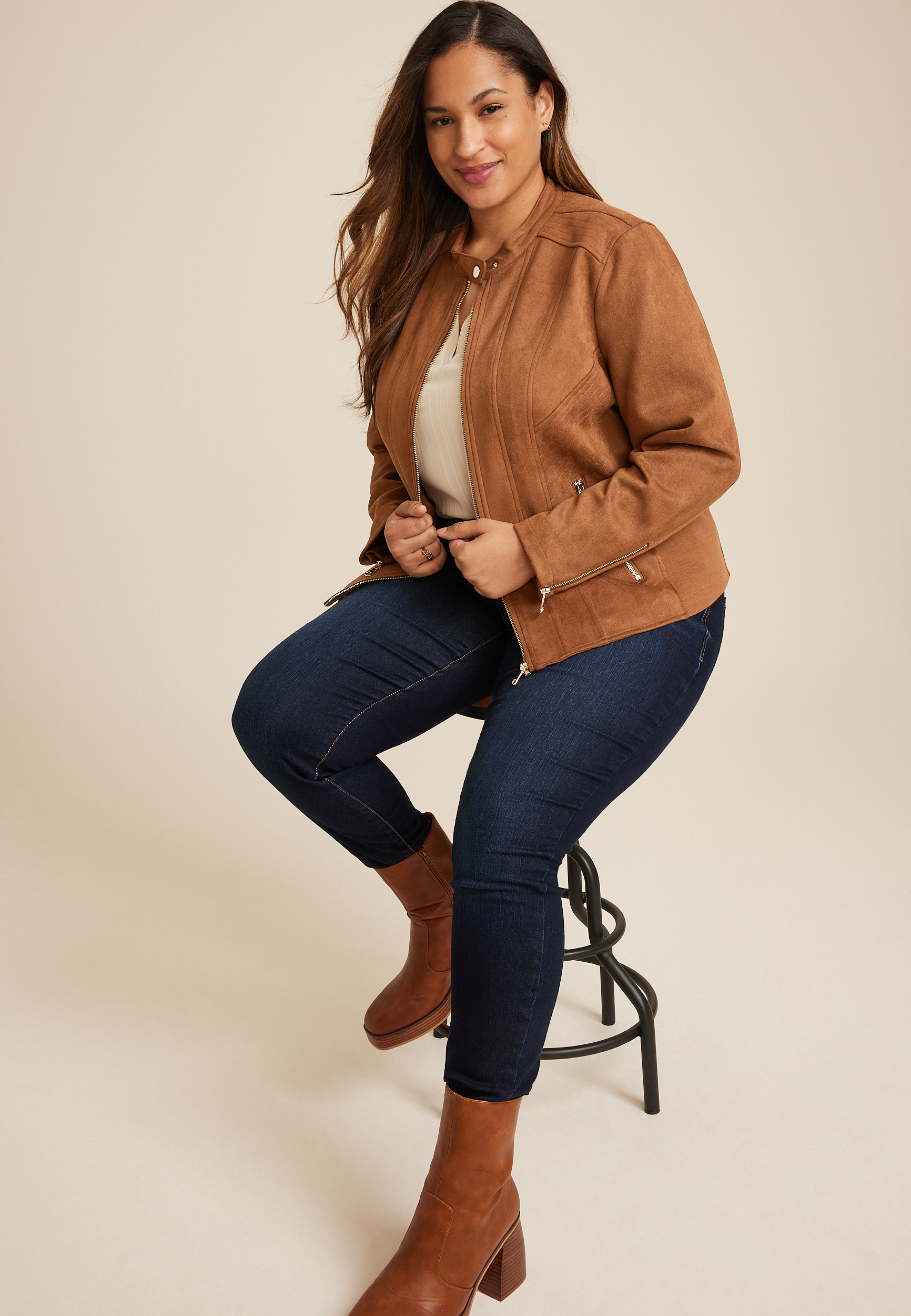 Plus Size Brown Faux Suede Biker Jacket, C115, large